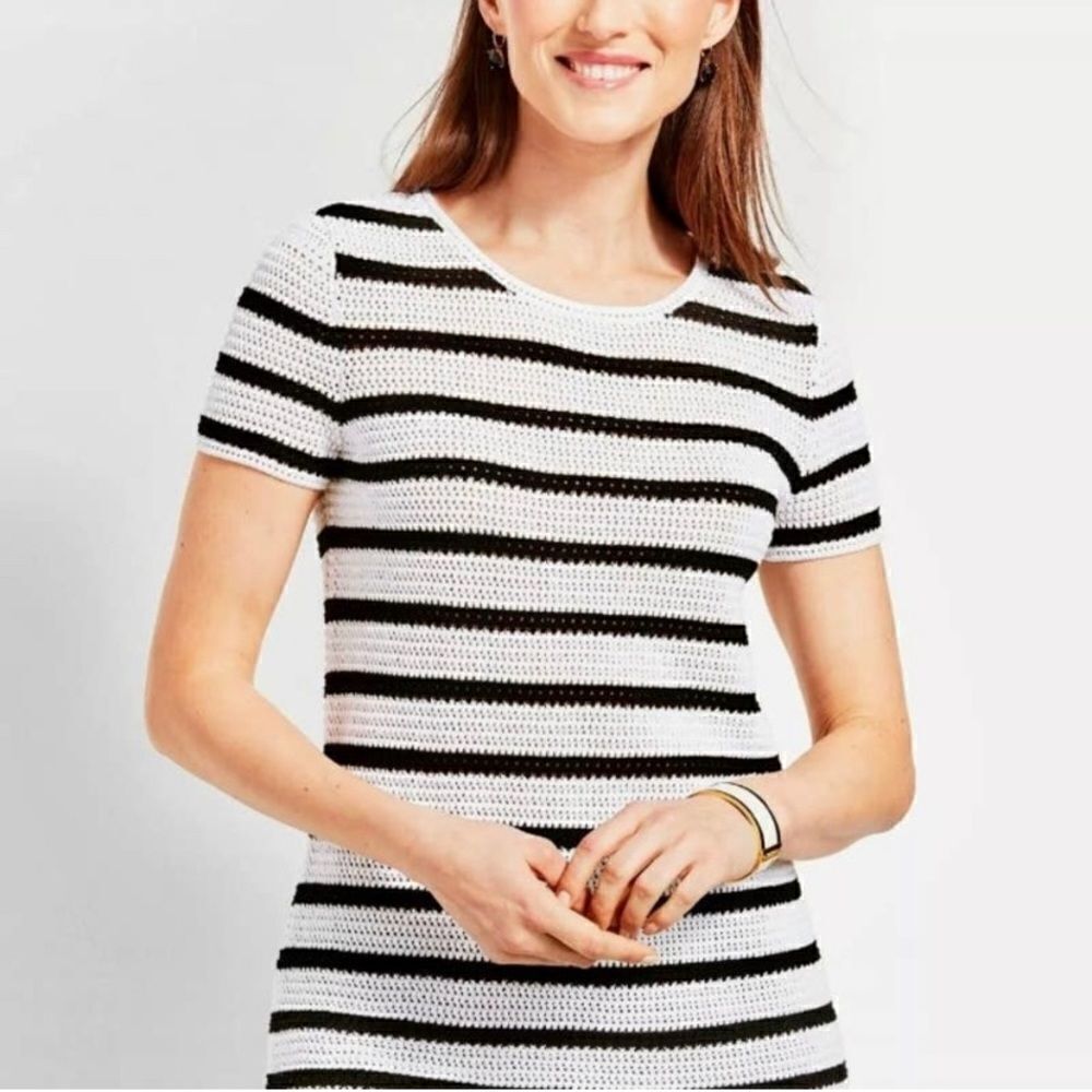 TALBOTS Crochet Black and White Stripe Crewneck Sweater Size XS | 1965 B